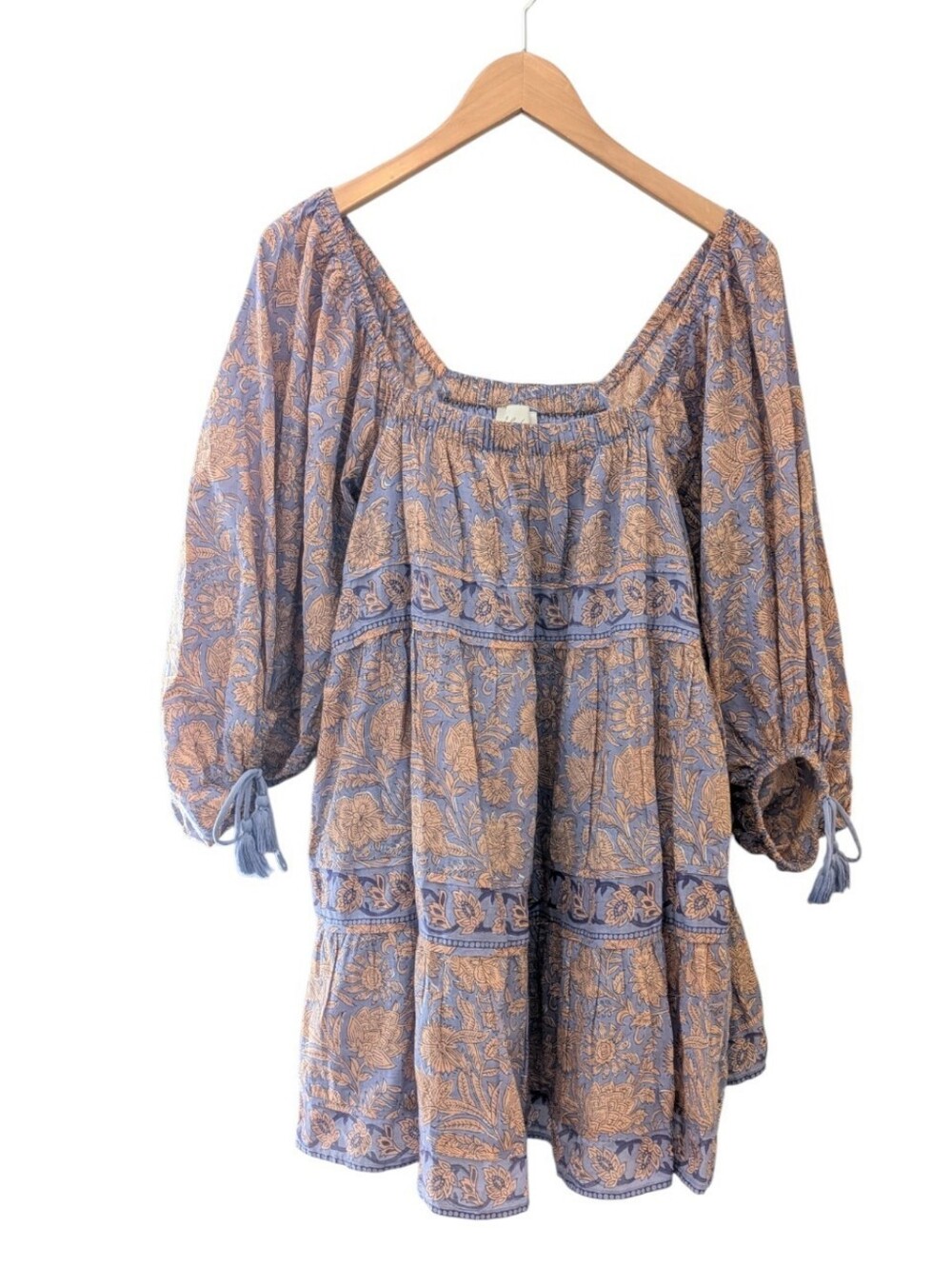 Cleobella Hattie Print Boho Tiered Mini Dress S Tassel Sleeve Organic Cotton